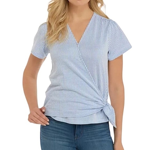 Michael Kors Wrap Top Ladies Size Medium Blue and White Short Sleeve V Neck Top - Picture 9 of 9